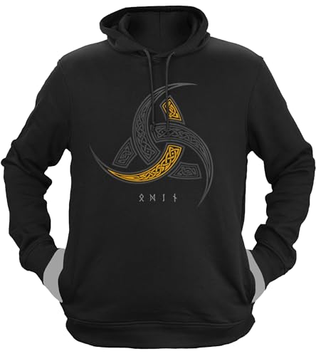 NØRTH Legendary Herren Hoodie mit Kapuze - Odins Hörner Trinkhörner - nordische Wikinger Walhalla Geschenke für Männer, Valhalla Viking Herren Pullover, Farbe:Schwarz/Gelb, Größe:L von vanVerden