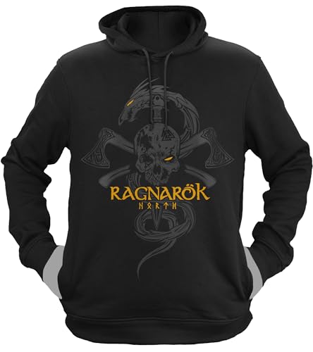 NØRTH Legendary Herren Hoodie mit Kapuze - Ragnarök Totenkopf - nordische Wikinger Walhalla Geschenke für Männer, Valhalla Viking Herren Pullover, Farbe:Schwarz/Gelb, Größe:XS von vanVerden