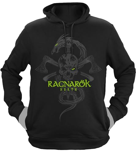 NØRTH Legendary Herren Hoodie mit Kapuze - Ragnarök Totenkopf - nordische Wikinger Walhalla Geschenke für Männer, Valhalla Viking Herren Pullover, Farbe:Schwarz/Grün, Größe:L von vanVerden