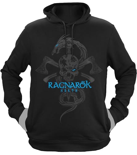 NØRTH Legendary Herren Hoodie mit Kapuze - Ragnarök Totenkopf - nordische Wikinger Walhalla Geschenke für Männer, Valhalla Viking Herren Pullover, Farbe:Schwarz/Blau, Größe:M von vanVerden