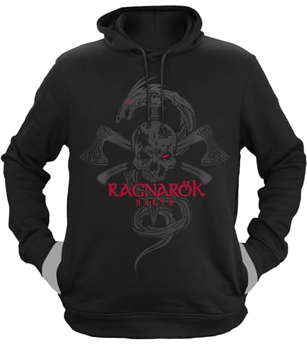 NØRTH Legendary Herren Hoodie mit Kapuze - Ragnarök Totenkopf - nordische Wikinger Walhalla Geschenke für Männer, Valhalla Viking Herren Pullover, Farbe:Schwarz/Blutrot, Größe:XXL von vanVerden