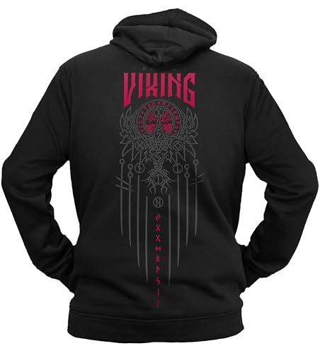 NØRTH Legendary Herren Hoodie mit Kapuze - Vegvisir Weltesche Weltenbaum Rücken Aufdruck - nordische Wikinger Walhalla Geschenke für Männer, Valhalla Viking, Farbe:Schwarz / Blutrot, Größe:3XL von vanVerden