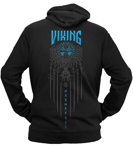 vanVerden NØRTH Legendary Herren Hoodie mit Kapuze - Vegvisir Weltesche Weltenbaum Rücken Aufdruck - nordische Wikinger Walhalla Geschenke für Männer, Valhalla Viking, Farbe:Schwarz/Blau, Größe:M von vanVerden