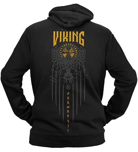 vanVerden NØRTH Legendary Herren Hoodie mit Kapuze - Vegvisir Weltesche Weltenbaum Rücken Aufdruck - nordische Wikinger Walhalla Geschenke für Männer, Valhalla Viking, Farbe:Schwarz/Gelb, Größe:XL von vanVerden