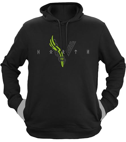 NØRTH Legendary Herren Hoodie mit Kapuze - Wikinger V - Viking Schrift - nordische Wikinger Walhalla Geschenke für Männer, Valhalla Viking Herren Pullover, Farbe:Schwarz/Grün, Größe:L von vanVerden