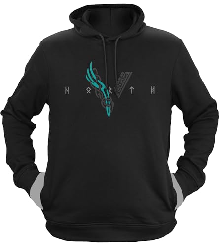 NØRTH Legendary Herren Hoodie mit Kapuze - Wikinger V - Viking Schrift - nordische Wikinger Walhalla Geschenke für Männer, Valhalla Viking Herren Pullover, Farbe:Schwarz/Petrol, Größe:L von vanVerden