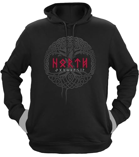 NØRTH Legendary Herren Hoodie mit Kapuze - Yggdrasil Lebensbaum - nordische Wikinger Walhalla Geschenke für Männer, Valhalla Viking Herren Pullover, Farbe:Schwarz/Blutrot, Größe:3XL von vanVerden