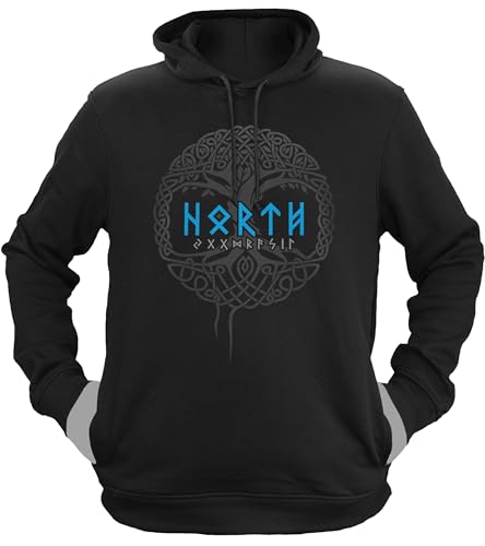 NØRTH Legendary Herren Hoodie mit Kapuze - Yggdrasil Lebensbaum - nordische Wikinger Walhalla Geschenke für Männer, Valhalla Viking Herren Pullover, Farbe:Schwarz/Blau, Größe:XXL von vanVerden