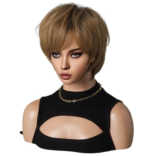 Goldbraune 26-Cm-PerüCke für Damen mit Kurzen Haaren, Unisex, Komplettes Oberteil Aus Chemiefaserhaar, Den Ganzen Kopf Bedeckend, Kurzes Haar von vdha