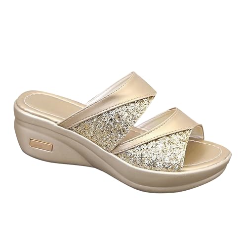 Damen Glitter Sandalen Casual Sommer Wedge Peep Toe High Heel Plattform Pantoletten Sommerschuhe, Bequeme Atmungsaktive Peep Toe Strand Schuhe Mit Arch Support, Strand Sandale von vejtmcc