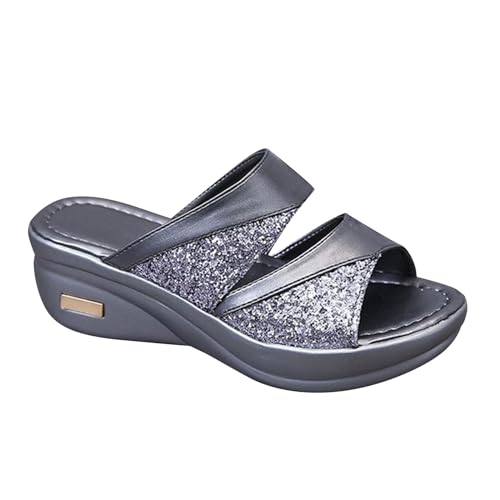 Damen Glitter Sandalen Casual Sommer Wedge Peep Toe High Heel Plattform Pantoletten Sommerschuhe, Bequeme Atmungsaktive Peep Toe Strand Schuhe Mit Arch Support, Strand Sandale von vejtmcc