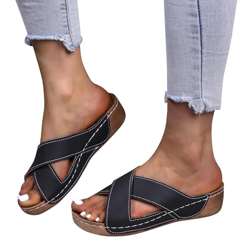 Damen Pantoletten Clogs Hausschuhe Hausschuhe Cross Straps Slide Slip On Flip Flops FüR Damen Leder FußBett Strandschuhe, Cross-Tied Sommersandalen, Klassisch Flach Sandalen Weiß von vejtmcc