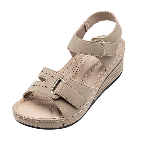 Damen Sandalen Plateau Leder Sommer OrthopäDische Sandalen Bequeme Peep Toe Sandaletten Platform Komfort Wedges - Trekking Sport Wasser Schuhe | Flach Cross-Tied Beach Walking Schuhe von vejtmcc