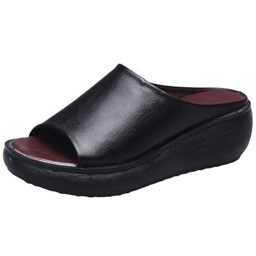 Damen Slipper Leder Keilabsatz Mit Fischmaul Pantoletten Zehentrenner Sommer Memory Hausschuhe | Sommer Schuhe Slipper | Latschen Dicke Plattform Peep Toe Party Vintage Sommerschuhe von vejtmcc