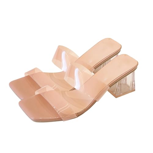 Damen Transparente Offene Sandalen High Heels KnöChelriemchen Sandaletten Peep Toe Sommersandalen Mit Blockabsatz Sandale Im Mule-Stil Mit Zwei Riemen, Mode Riemchensandalen von vejtmcc