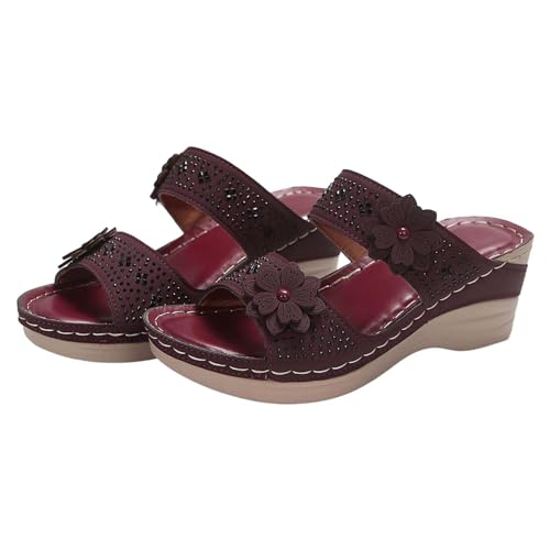 Pantoletten Damen Leder Hausschuhe Flache Sandalen, Frauen Sommer Open Toe Keilabsatz Pantoletten Mit Blumendruck, Freizeit Plateau Keilabsatz Ultraleichte FußBett Massage Slip On Sandalen von vejtmcc