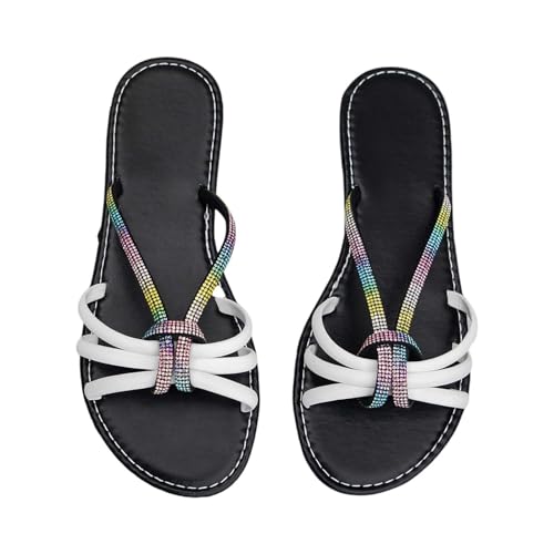 vejtmcc Damen Flache Sandalen - Riemchensandalen Mit Strass Perlen Sandalen Strandsandalen FüR Frauen Sommer Seil Bohemian Sandalen FrüHling Bequeme - Boho Flats FüR Teen - Casual Damenschuhe von vejtmcc