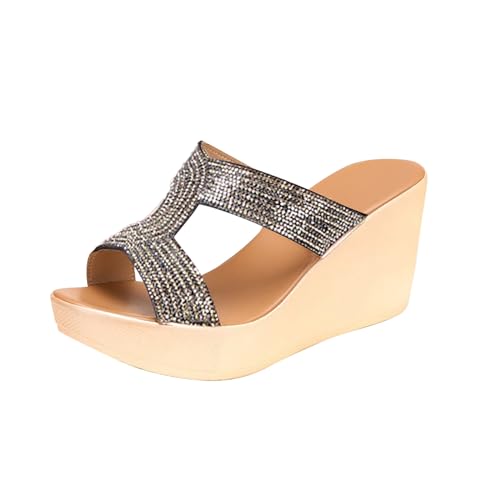 vejtmcc Damen Keilsandalen Klassische Pumps Sandale Mit Keilabsatz Sommer Flache Strass Bohemia Riemen Frauen Sandalen Sommerschuhe Glitzer Flip Flops Elegant - Sandalen - Modische Sandalen von vejtmcc