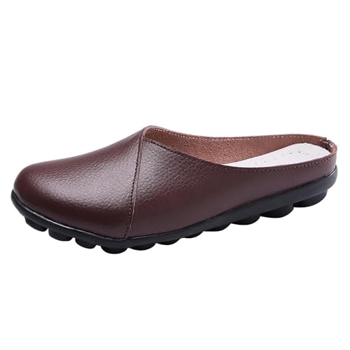 vejtmcc Damen Loafer Slip-On Lederschuhe Offener RüCken Mule Casual Flache Schuhe Bequeme Sommer Slipper Atmungsaktiv & Leicht Plateau Slippers, Freizeit Strandschuhe, Geschlossene Sandalen von vejtmcc