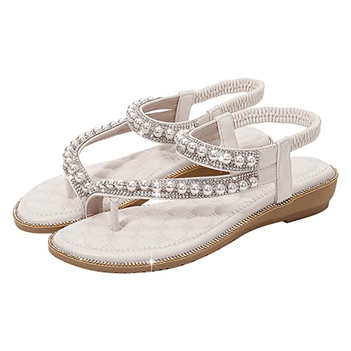 vejtmcc Flache Sandalen Damen Strass Boho T-Riemen Frauen Sandalen Weichen Sohlen Sommerschuhe Gummiband Slingback Zehentrenner Sandalen | Vintage Plateau Sandaletten | Strandschuhe Schwarz von vejtmcc