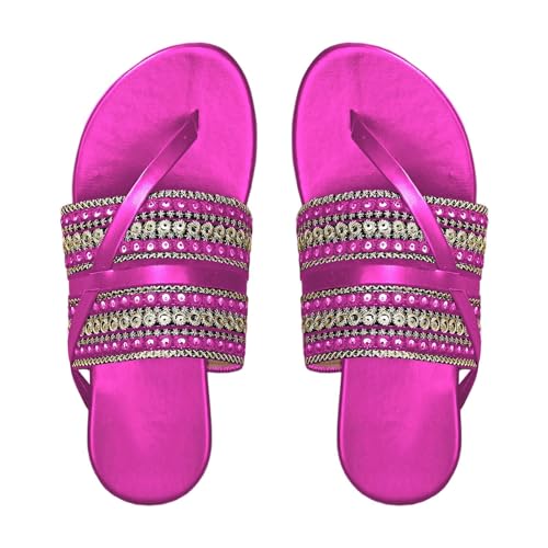 vejtmcc Flip Flops Damen Bossinia Plateau Sandaletten, Riemchen Sandale Zehentrenner Sommersandale Zehenstegsandale In Lila Mit Perlen Und Pailletten Flachen Frauen Hausschuhe, Komfortschuhe von vejtmcc