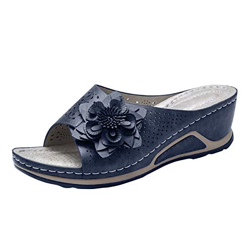 vejtmcc Frauen Slide Sandalen Flache Sommersandalen FüR Damen Einfarbig, Mit Floralen Verzierungen Atmungsaktiv, Freizeit-Pumps Zehentrenner Open Toe Latschen Hausschuhe Slope-Absatz Plateau Schuhe von vejtmcc