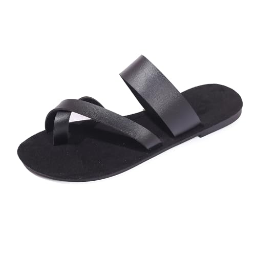 vejtmcc Ledersandalen FüR Damen, Hochwertige Handgefertigte Damen Sandalen Mit Offenen Zehen | Slip On Cross Strap Slide Sandalen | Slide Summer Schuhe | Slide Riemchensandalen Schwarz von vejtmcc