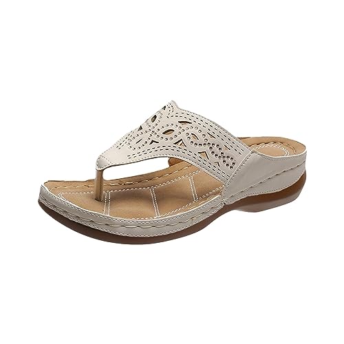 vejtmcc Pantoletten Damen Freizeit Ausgeschnittene Plateau Sandalen Sommer Keilabsatz Leder Hausschuhe Rutschfeste Strand Bequeme - Sandaletten Frauen Vintage, Sommerschuhe OrthopäDische Sandalen von vejtmcc