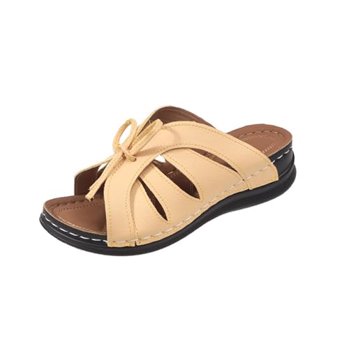 vejtmcc Pantoletten Damen Freizeit Plateau Sandalen OrthopäDische Schuhe Mit Fliege Dekoration Keilabsatz Leder Hausschuhe, Rutschfeste Strand Bequeme Sandaletten, Frauen Vintage Sommerschuhe Rot von vejtmcc