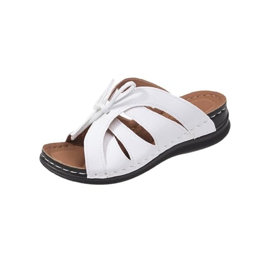 vejtmcc Pantoletten Damen Freizeit Plateau Sandalen OrthopäDische Schuhe Mit Fliege Dekoration Keilabsatz Leder Hausschuhe, Rutschfeste Strand Bequeme Sandaletten, Frauen Vintage Sommerschuhe Rot von vejtmcc