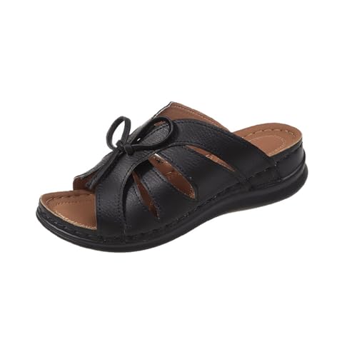 vejtmcc Pantoletten Damen Freizeit Plateau Sandalen OrthopäDische Schuhe Mit Fliege Dekoration Keilabsatz Leder Hausschuhe, Rutschfeste Strand Bequeme Sandaletten, Frauen Vintage Sommerschuhe Rot von vejtmcc