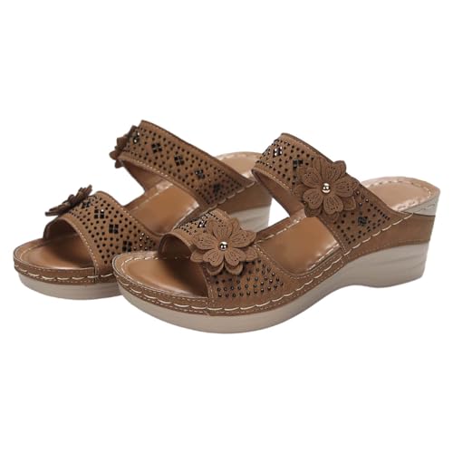 vejtmcc Pantoletten Damen Leder Hausschuhe Flache Sandalen, Frauen Sommer Open Toe Keilabsatz Pantoletten Mit Blumendruck, Freizeit Plateau Keilabsatz Ultraleichte FußBett Massage Slip On Sandalen von vejtmcc