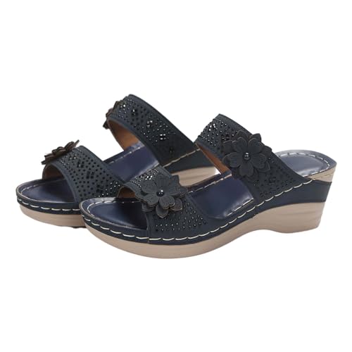 vejtmcc Pantoletten Damen Leder Hausschuhe Flache Sandalen, Frauen Sommer Open Toe Keilabsatz Pantoletten Mit Blumendruck, Freizeit Plateau Keilabsatz Ultraleichte FußBett Massage Slip On Sandalen von vejtmcc