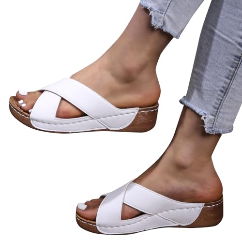 vejtmcc Sandalen Damen Cross-Tied Pantoletten Damen Flach Rutschfest Sommer Badelatschen Mit Verstellbarer Rieme Open Toe RöMische Sandaletten, Komfort Plateau Sandaletten, Elegant Sandaletten von vejtmcc