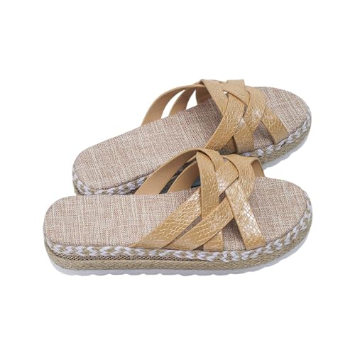 vejtmcc Sandalen Damen Cross-Tied Plateau Keilabsatz Frauen Keilsandalen Sandaletten - Sommer Schuhe Hausschuhe Pantoletten Elegant Schmal - Hausschuhe Rutschfeste Strand Bequeme Sandaletten, Gold von vejtmcc