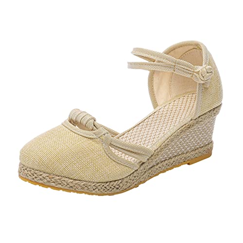 vejtmcc Sandalen Damen Espadrilles Plateau Wedges Freizeit & Elegant Sandaletten Mit Geschlossene Keilabsatz Sommerschuhe Sommer Pumps Frauen Schuhe RöMersandalen Damen Mit Absatz Beige von vejtmcc