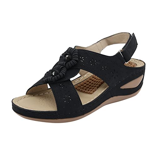 vejtmcc Sandalen Damen Plateau Wedge, RöMersandalen Outdoorsandalen Sandalen Mit Blockabsatz, Leder Vintage Plattform Sandaletten Mit Strass Perlen Sommer Sandals Klassisch Strandsandalen von vejtmcc