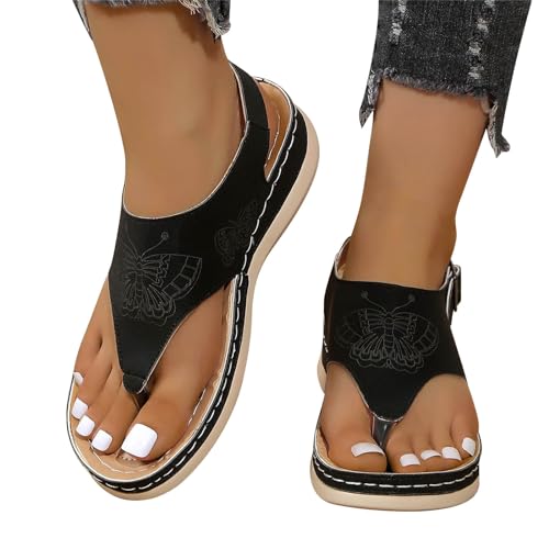 vejtmcc Sandalen Damen Sommer Comfort Keilabsatz Slippers OrthopäDische Schuhe Blumendruck Flip Flops Slipper Plateau Zehentrenner RöMische, Hausschuhe Rutschfeste, Strandsandalen Sommerschuhe von vejtmcc