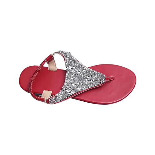 vejtmcc Sandalen Damen Sommer Elegant Flache Bohemia Sandalen Mit Strass T-Riemen Frauen Sandalen Weichen Sohlen Sommerschuhe, Glitzer Flip Flops, Gummiband Slingback Sandalen MäDchen Strandschuhe von vejtmcc