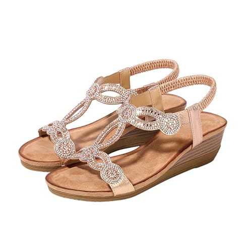 vejtmcc Sandalen Damen Sommer Flach Bequem Zehentrenner Sandaletten Mit Strass Perlen | Elegant Pantoletten BöHmischer-Stil - FußBett Open Toe Elastische KnöChelriemen Strapless RöMische Sandalen von vejtmcc