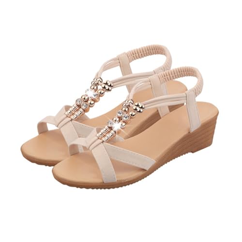 vejtmcc Sandalen Damen Sommer Flach Bequem Zehentrenner Sandaletten Mit Strass Perlen | RöMische Sandalen, Elegant Pantoletten BöHmischer-Stil - FußBett Open Toe Elastische KnöChelriemen Strapless von vejtmcc