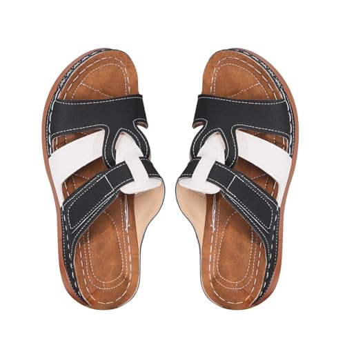 vejtmcc Sandalen Damen Sommer Mehrfarbige Keilabsatz Slippers OrthopäDische Schuhe Plateau Zehentrenner RöMische Flip Flops Slipper, Keilabsatz Leder Hausschuhe, Rutschfeste Strand Sandaletten von vejtmcc