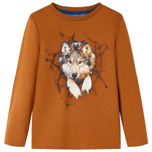 Kinder Langarmshirt Wolf Aufdruck Langarm T-Shirt Jungen Kindershirt Cognac 116 von vidaXL