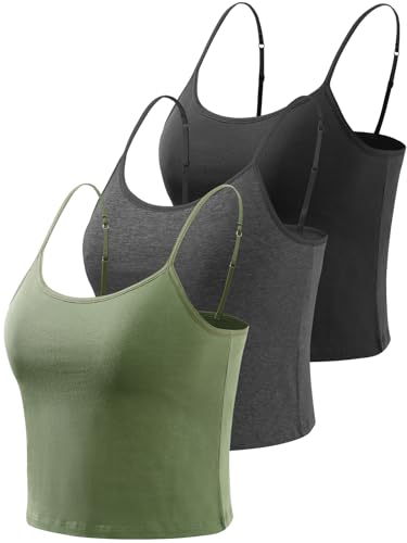 vislivin Crop Tank Top für Damen Baumwolle Unterhemd mit Regal-BH Camisole Ärmelloses Racerback Crop Spaghetti Tops Schwarz/Dunkelgrau/Armeegrün L von vislivin