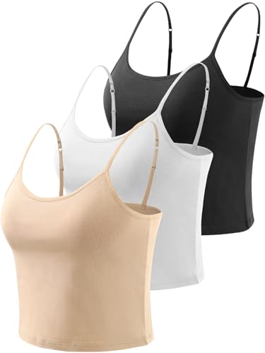 vislivin Crop Tank Top für Damen Baumwolle Unterhemd mit Regal-BH Camisole Ärmelloses Racerback Crop Spaghetti Tops Schwarz/Weiß/Beige L von vislivin