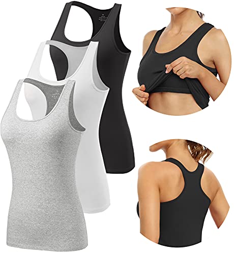 vislivin Damen Tank Tops mit Regal-BH Racerback Tank Top Stretch Unterhemden 3er Pack Schwarz/Weiß/Grau M von vislivin