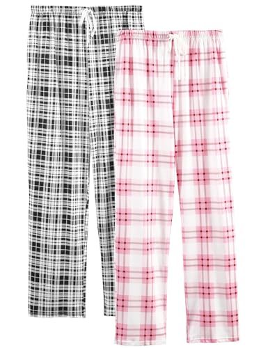 vislivin Freizeithose Damen Lang Schlafanzughose Karierte Pyjamahose Weiche Frauen Hose mit Taschen Schwarzer Streifen/Rosa Streifen M von vislivin