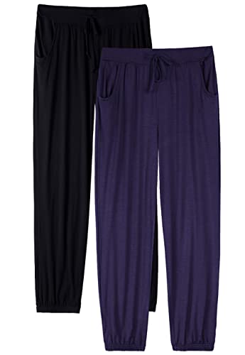 vislivin Schlafanzughose Damen Pyjamahosen Lang Freizeithose Stretch Yogahose Weiche Frauen Nachtwäsche Hosen Schwarz/Dunkelblau L von vislivin