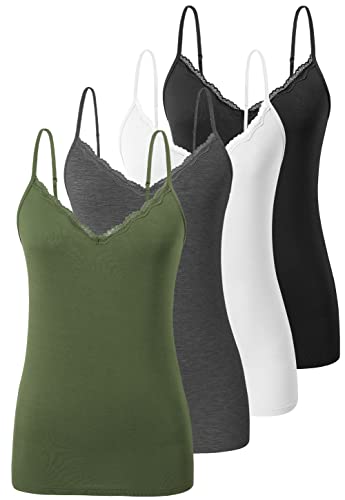 vislivin Schlicht Leibchen für Damen Spitzen Tanktops V-Ausschnitt Verstellbares Cami Sexy Unterhemden 4er Pack Schwarz/Weiß/Dunkelgrau/Armeegrün XL von vislivin