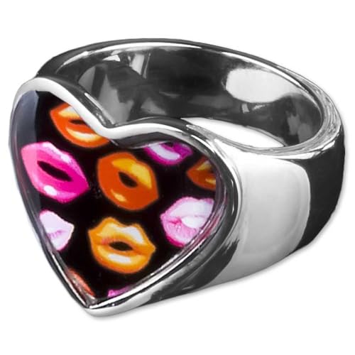 viva-adorno Edelstahl Damen Ring Herz Buntes Motiv Animal Print Muster Fingerring Rockabilly RS45, Lippen Gr. 53 von viva-adorno